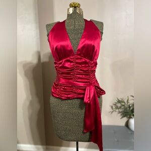Vintage Y2k Red Silk Satin Corset Halter Top Ruched Party Clubwear Glam Size 10